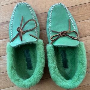 Ralph Lauren Green Suede Moccasin Slippers